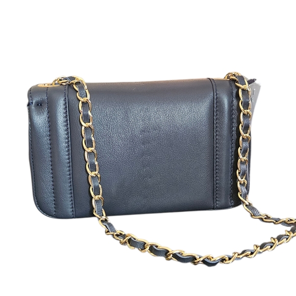 NWT - Valentino - Midnight Blue Leather Gold Chain Embossed Shoulder Bag - Picture 8 of 13